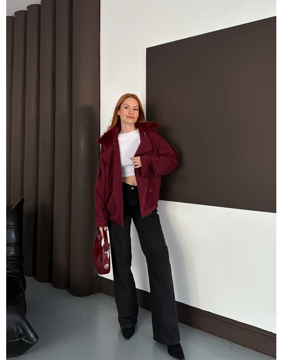 Yaka Peluş Trençkot - Bordo