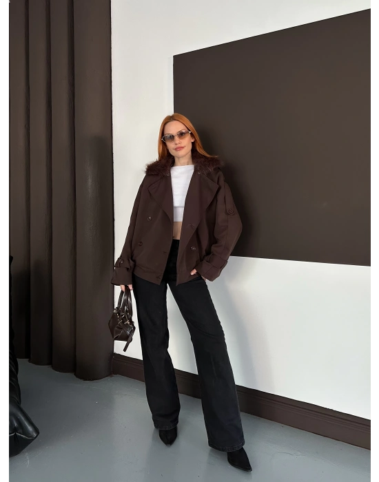 Yaka Peluş Trençkot - Kahverengi