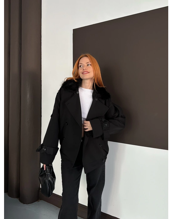 Yaka Peluş Trençkot - Siyah