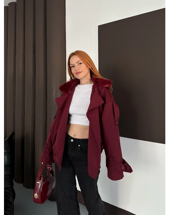 Yaka Peluş Trençkot - Bordo