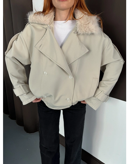 Yaka Peluş Trençkot - Krem