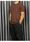 Basic Kollar Dar Kesim Tshirt  - Kahverengi