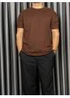 Basic Kollar Dar Kesim Tshirt  - Kahverengi