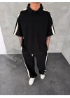 POLO YAKA ŞERİT DETAY BAGGY RAHAT KALIP EŞOFMAN TAKIM -SİYAH
