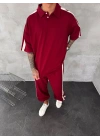 POLO YAKA ŞERİT DETAY BAGGY RAHAT KALIP EŞOFMAN TAKIM -KIRMIZI