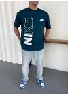 NKE BASKI DETAY OVERSİZE KALIP TSHİRT -MAVİ