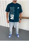 NKE BASKI DETAY OVERSİZE KALIP TSHİRT -MAVİ