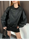 Oversize Kemer Detay Deri Ceket