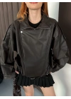 Oversize Kemer Detay Deri Ceket