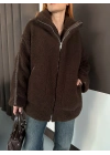 Şerit Detay Peluş Ceket - Kahverengi