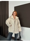 Şerit Detay Peluş Ceket - Krem