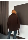 Şerit Detay Peluş Ceket - Kahverengi