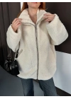 Şerit Detay Peluş Ceket - Krem