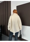 Şerit Detay Peluş Ceket - Krem