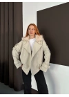 Yaka Peluş Trençkot - Krem
