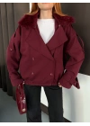 Yaka Peluş Trençkot - Bordo