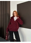 Yaka Peluş Trençkot - Bordo