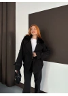 Yaka Peluş Trençkot - Siyah
