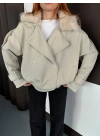 Yaka Peluş Trençkot - Krem