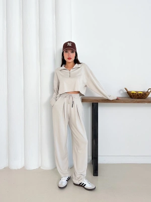 Full Likralı Yarım Fermuar Takım - Krem