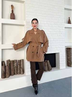 Kısa Kuşaklı Trençkot - Krem