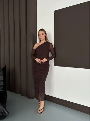 Taş Detay Elbise - Kahverengi