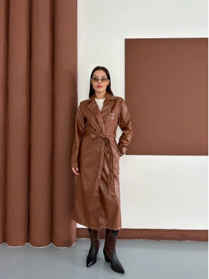 Uzun Deri Ceket - Kahverengi