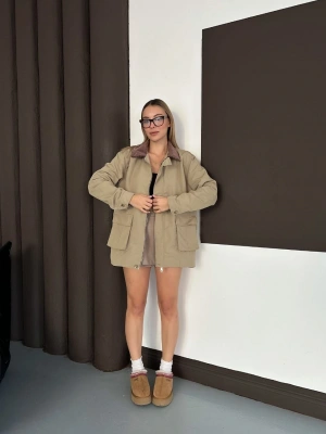 Yaka Detay Ekose Ceket - Haki