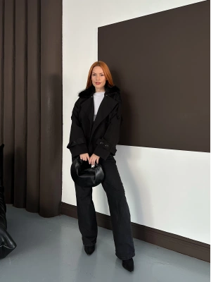 Yaka Peluş Trençkot - Siyah