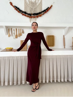 Yandan Kuşaklı Elbise - Bordo