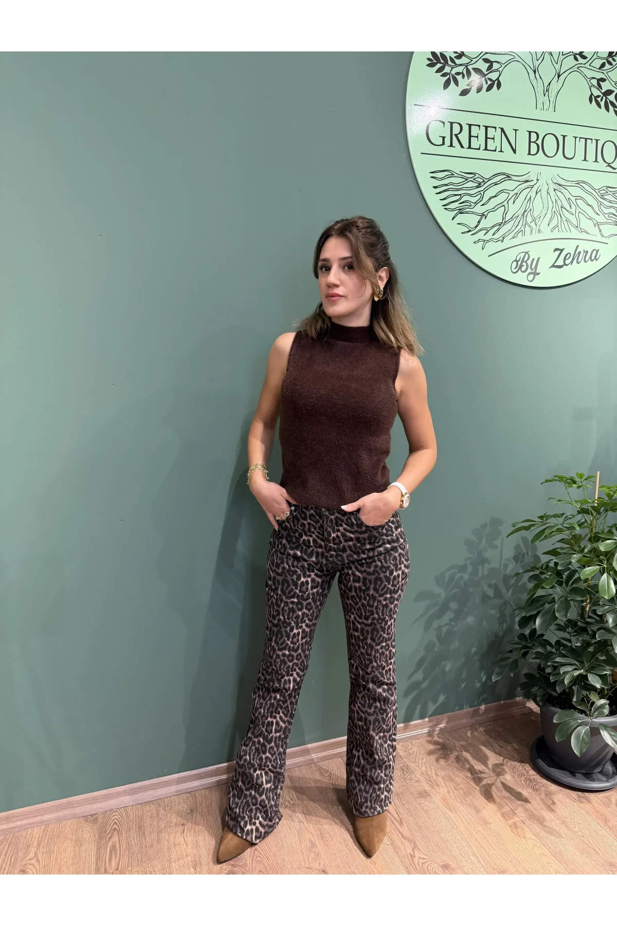 % 100 Pamuk Leopar Straight Jean Kahverengi