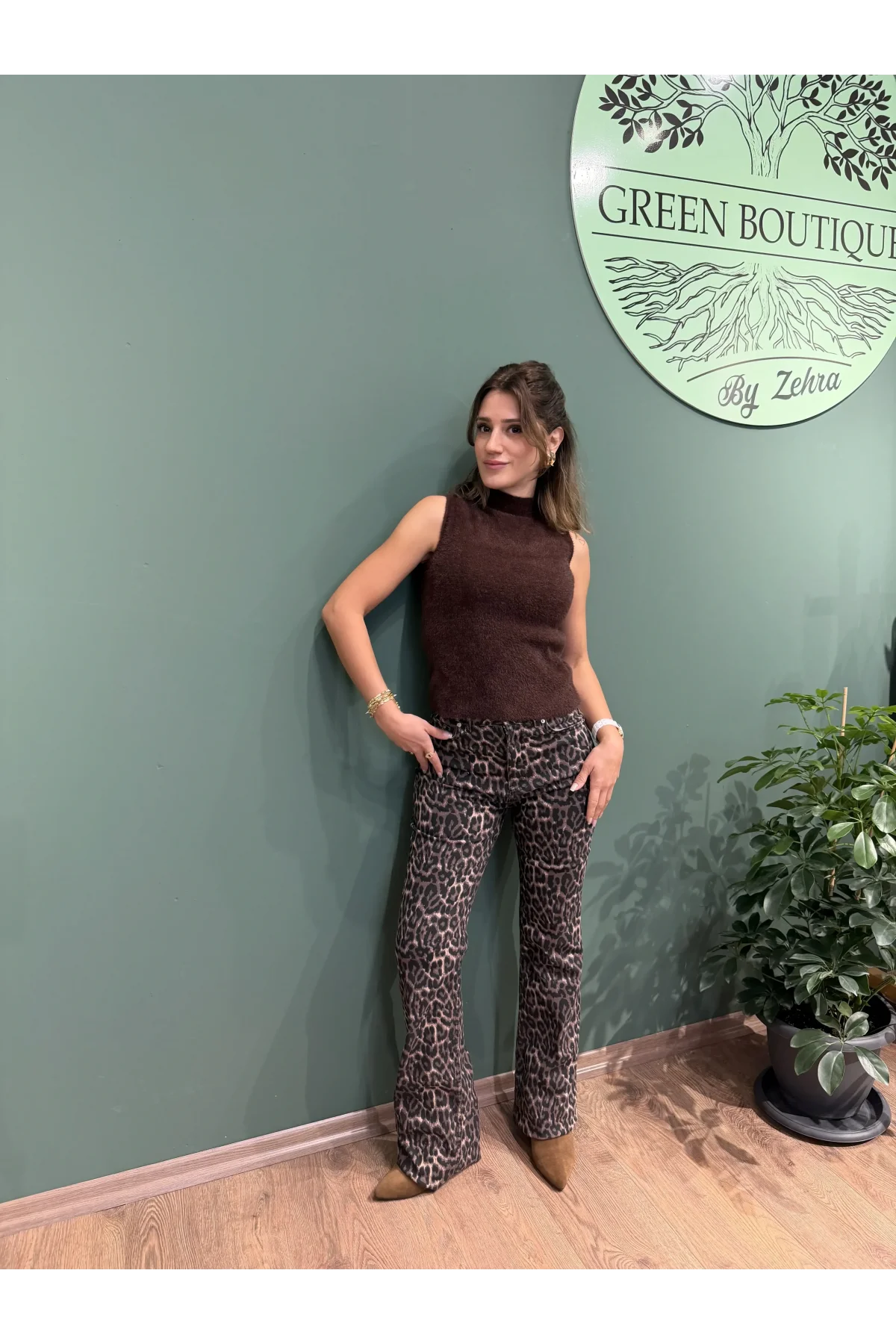 % 100 Pamuk Leopar Straight Jean Kahverengi