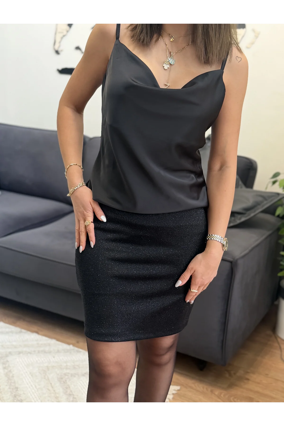 Parıltılı Mini Etek Siyah
