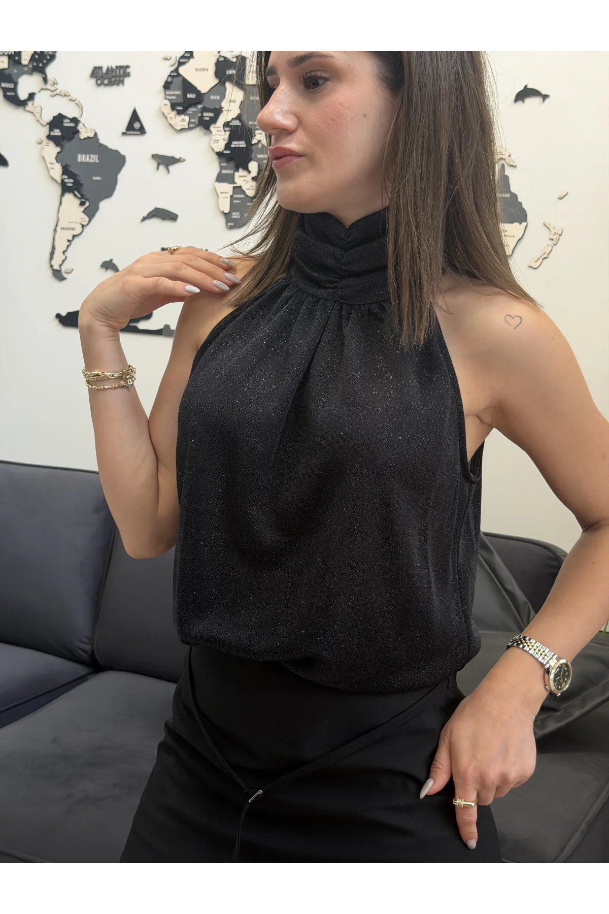Işıltılı Kolsuz Reglan Bluz Siyah