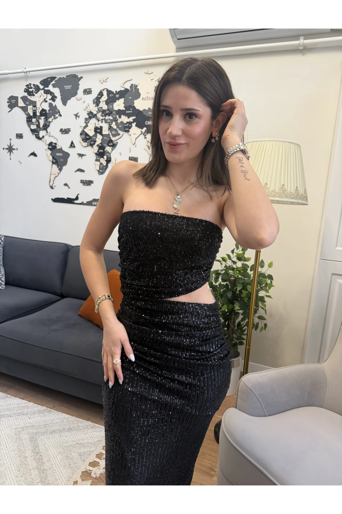 Tül Pul Payet Bel Dekolteli Straplez Elbise Siyah