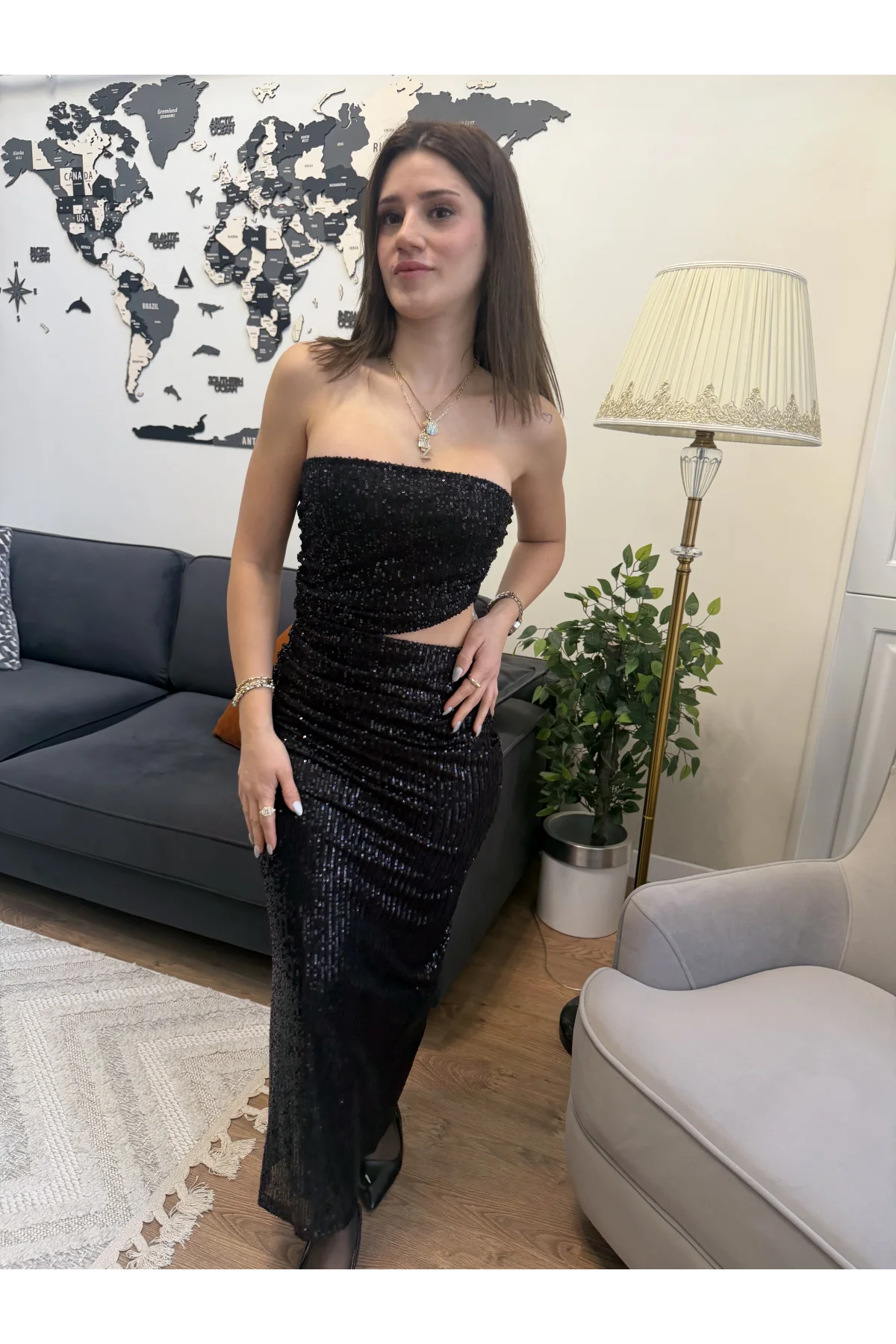 Tül Pul Payet Bel Dekolteli Straplez Elbise Siyah