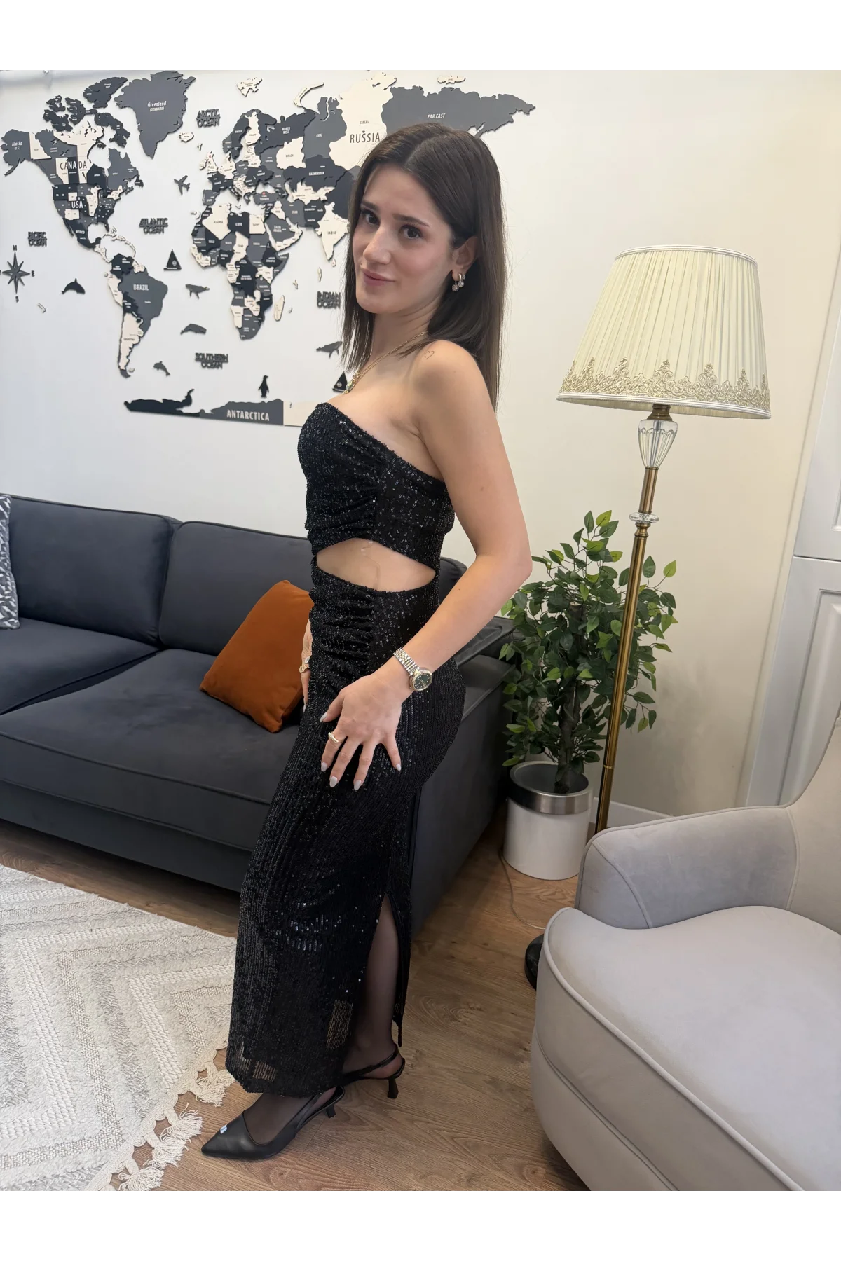 Tül Pul Payet Bel Dekolteli Straplez Elbise Siyah