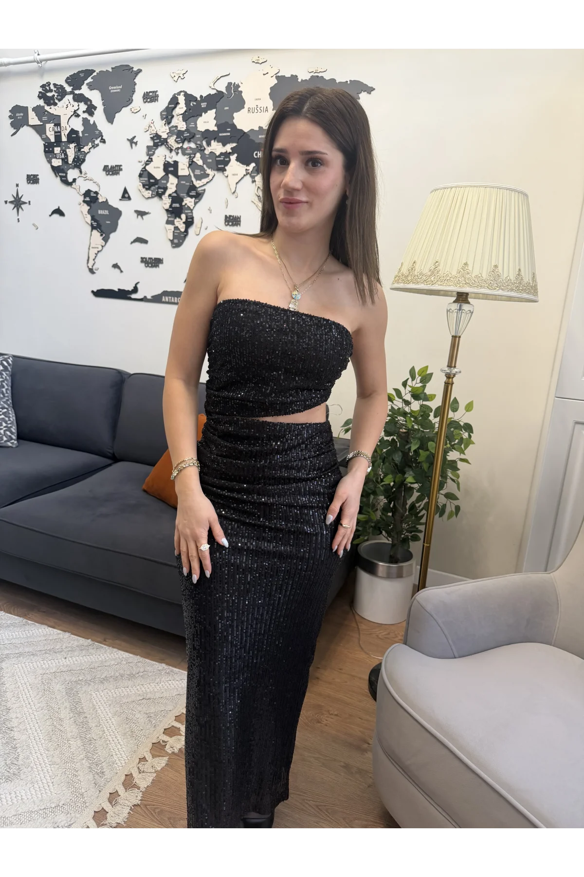 Tül Pul Payet Bel Dekolteli Straplez Elbise Siyah