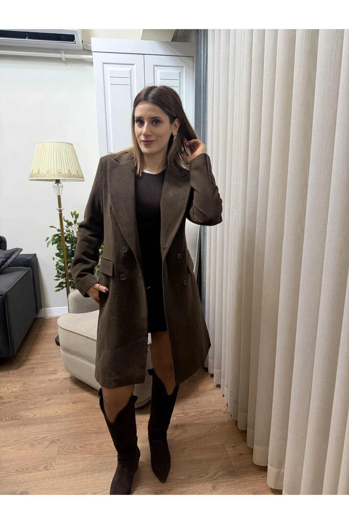 Balık Sırtı Desenli Cep Detaylı Kaban Kahverengi