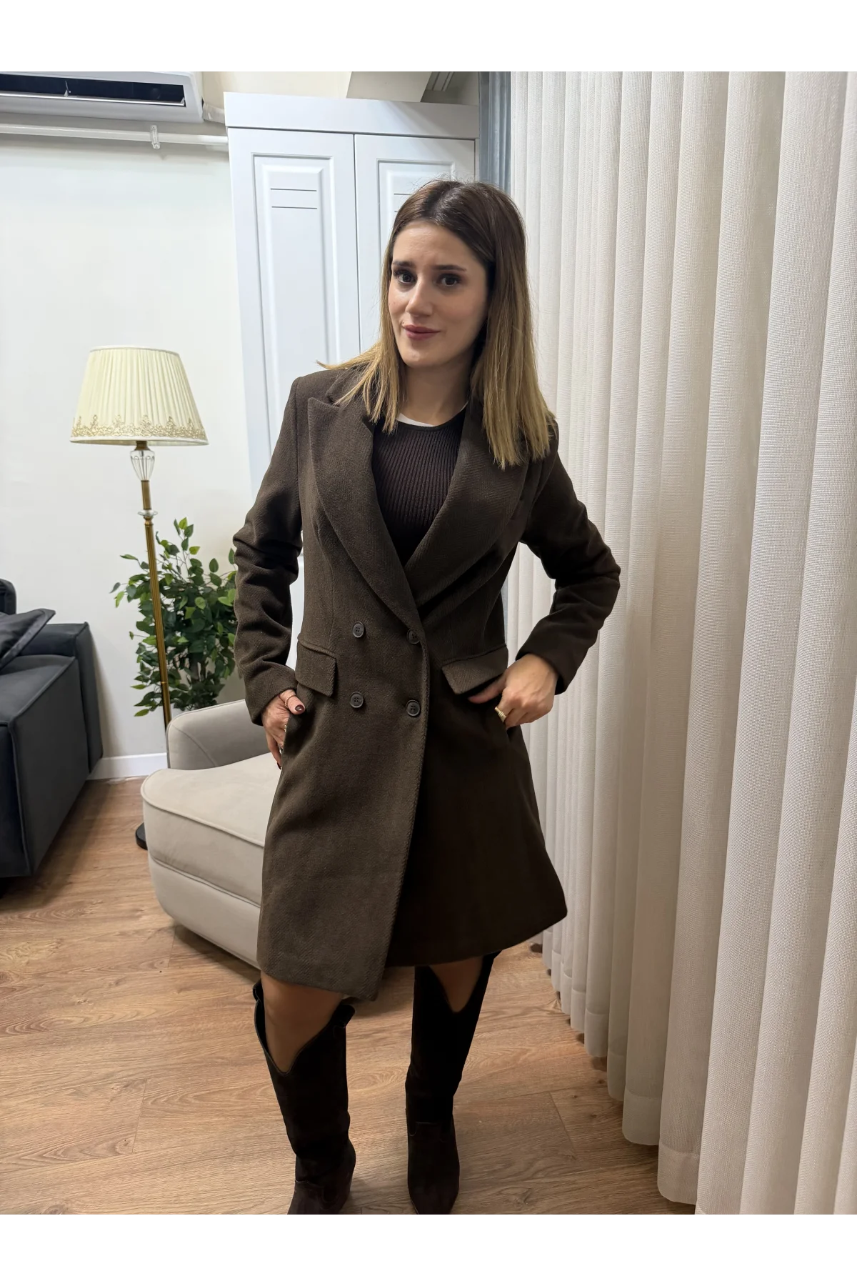 Balık Sırtı Desenli Cep Detaylı Kaban Kahverengi