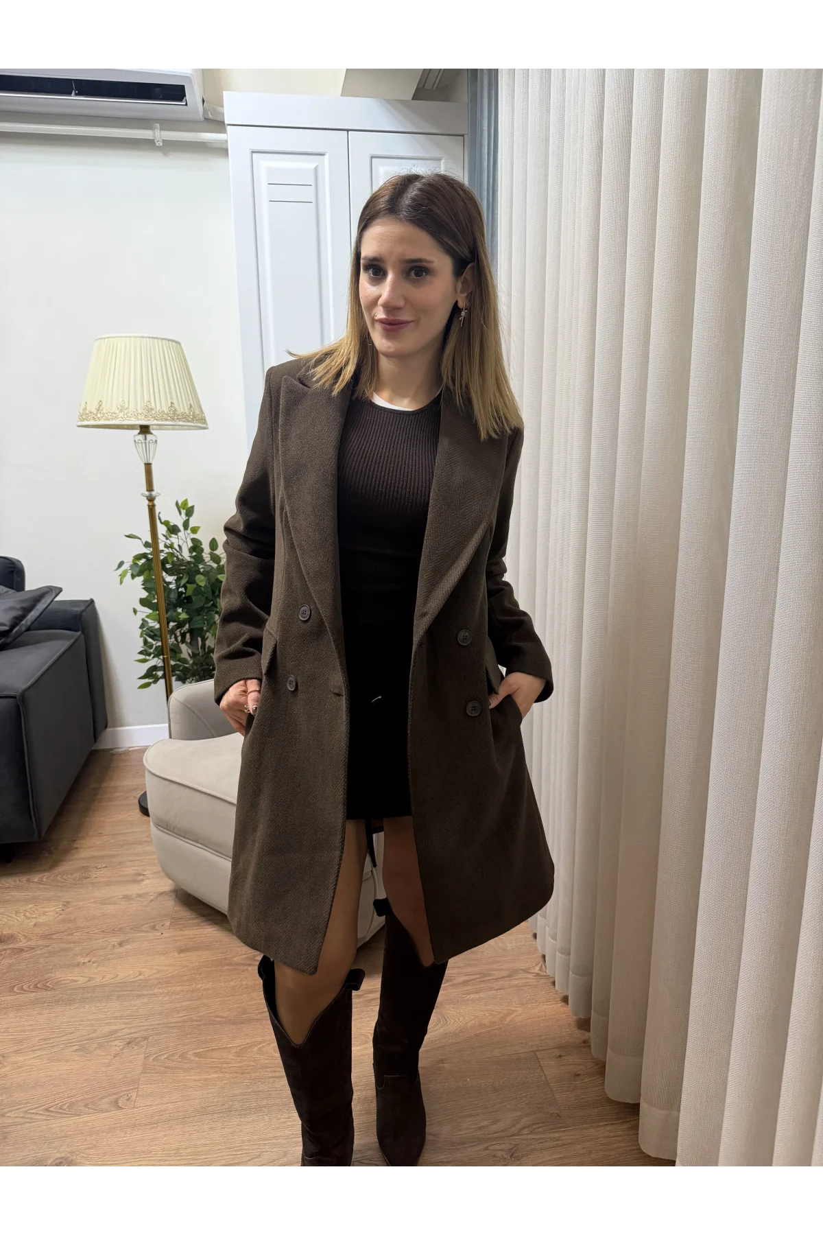 Balık Sırtı Desenli Cep Detaylı Kaban Kahverengi