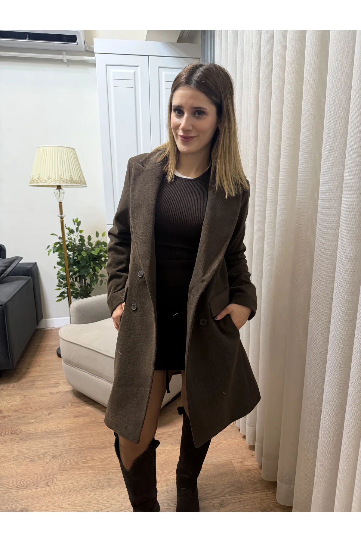 Balık Sırtı Desenli Cep Detaylı Kaban Kahverengi