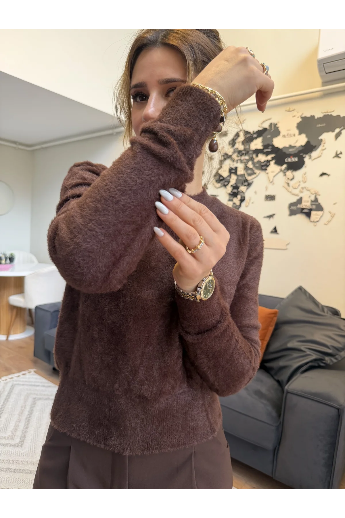 Bisiklet Yaka Yumuşak Dokulu Sakallı Triko Kazak Kahverengi