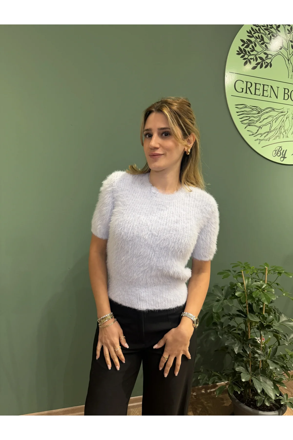 Bisiklet Yaka Yumuşak Dokulu Triko Kısa Kollu Kazak Mavi