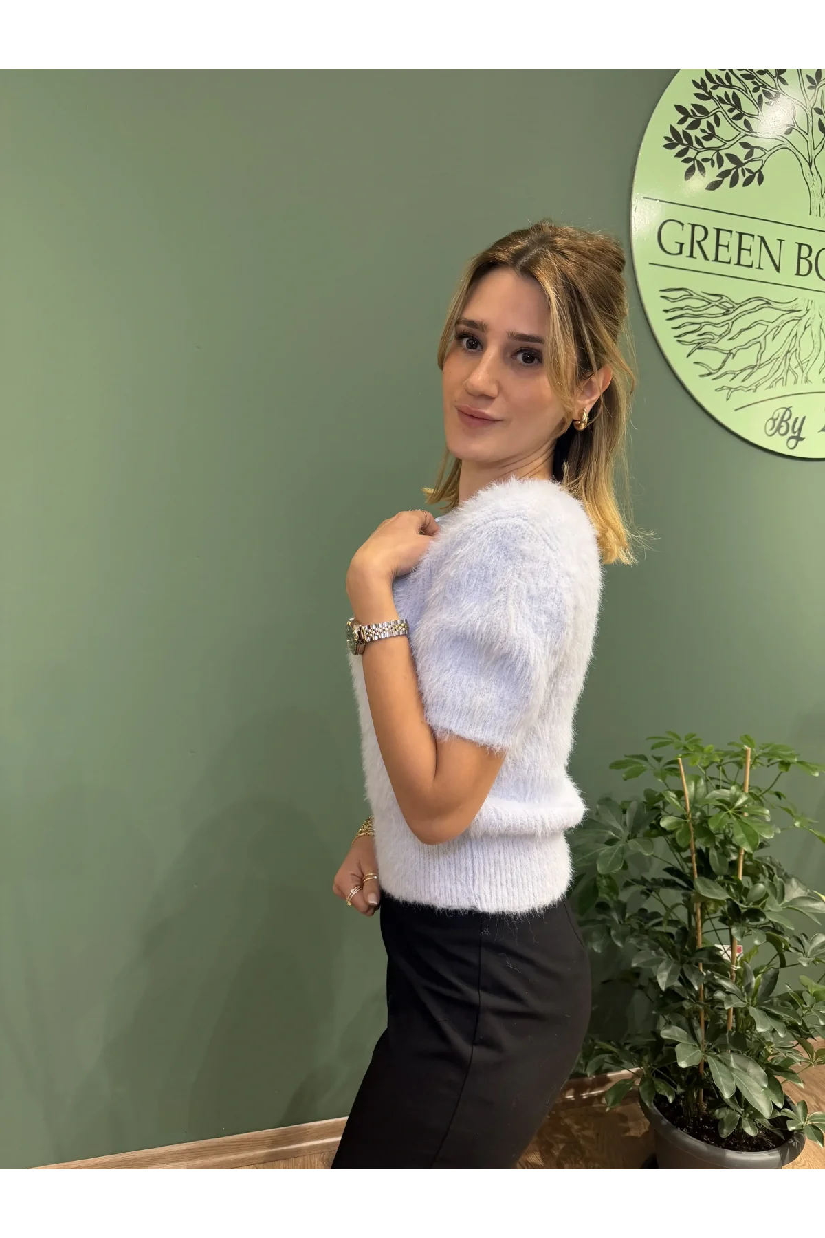 Bisiklet Yaka Yumuşak Dokulu Triko Kısa Kollu Kazak Mavi