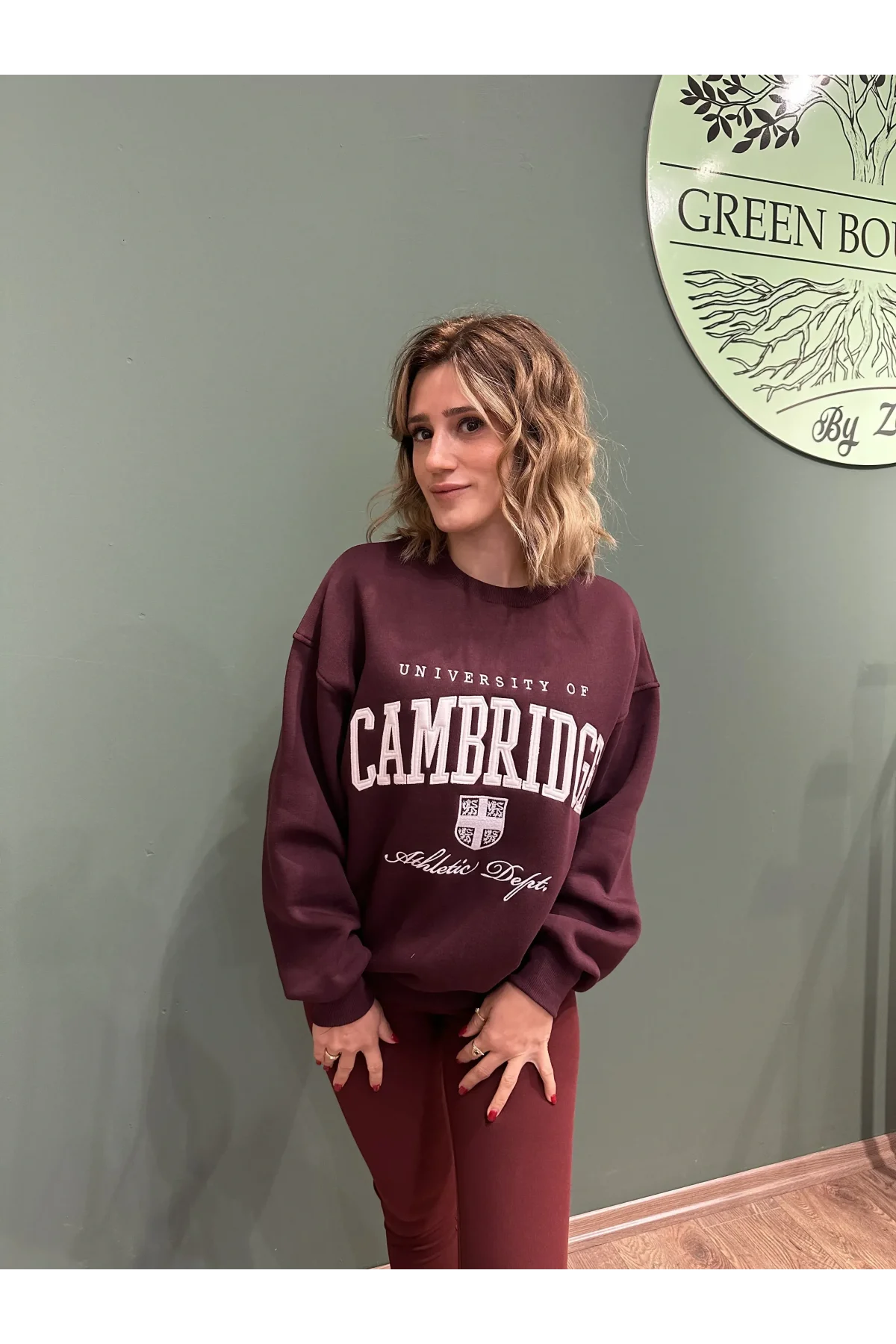 Cambridge Baskılı Şardonlu Kalın Sweatshirt Bordo
