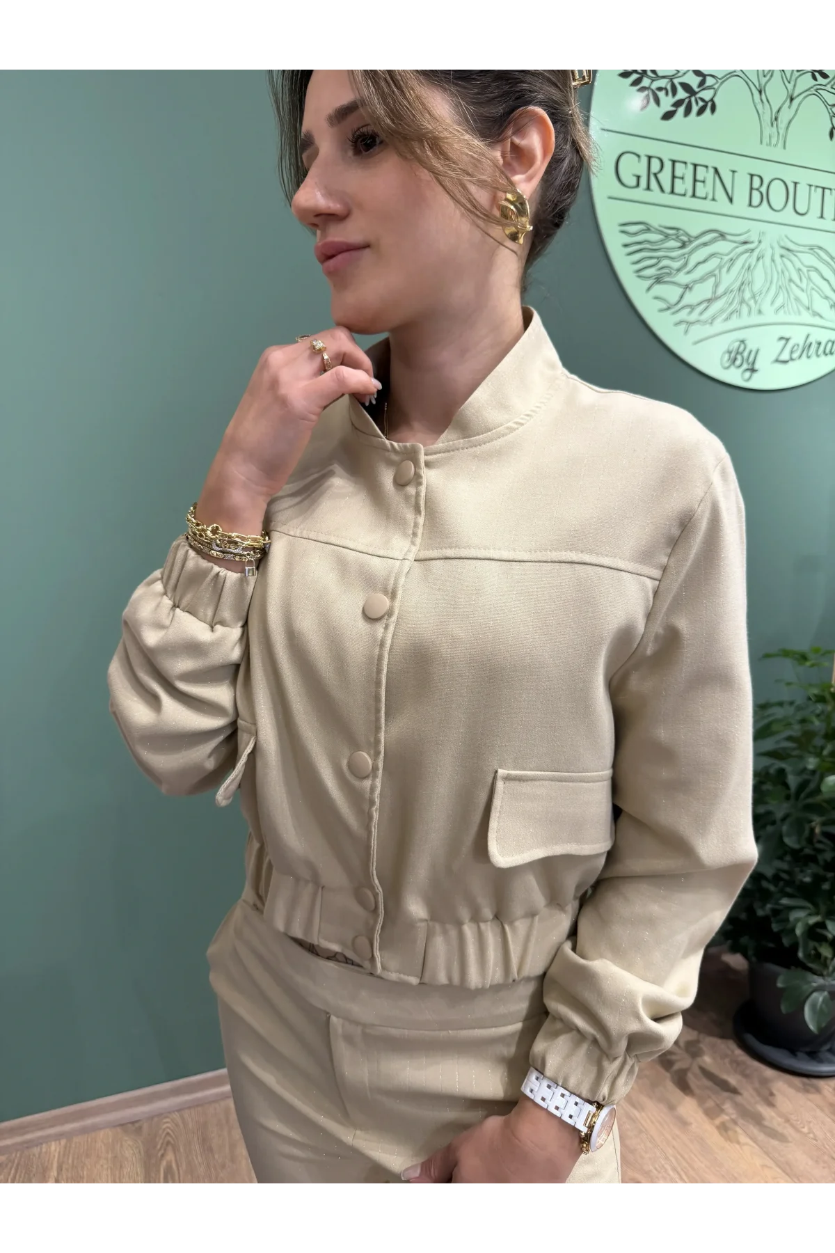 Çıtçıtlı Cepli Simli Ceket İspanyol Paça Simli Pantolon Takım Bej