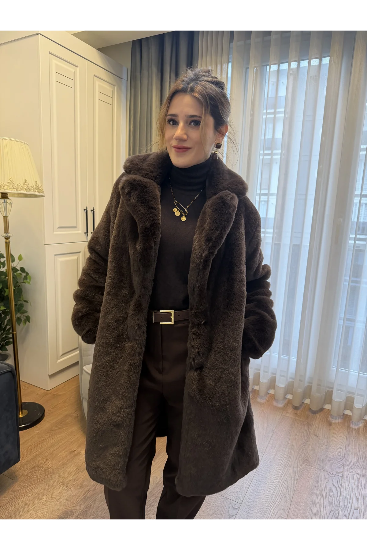 Çıtçıtlı Kürk Kaban Kahverengi