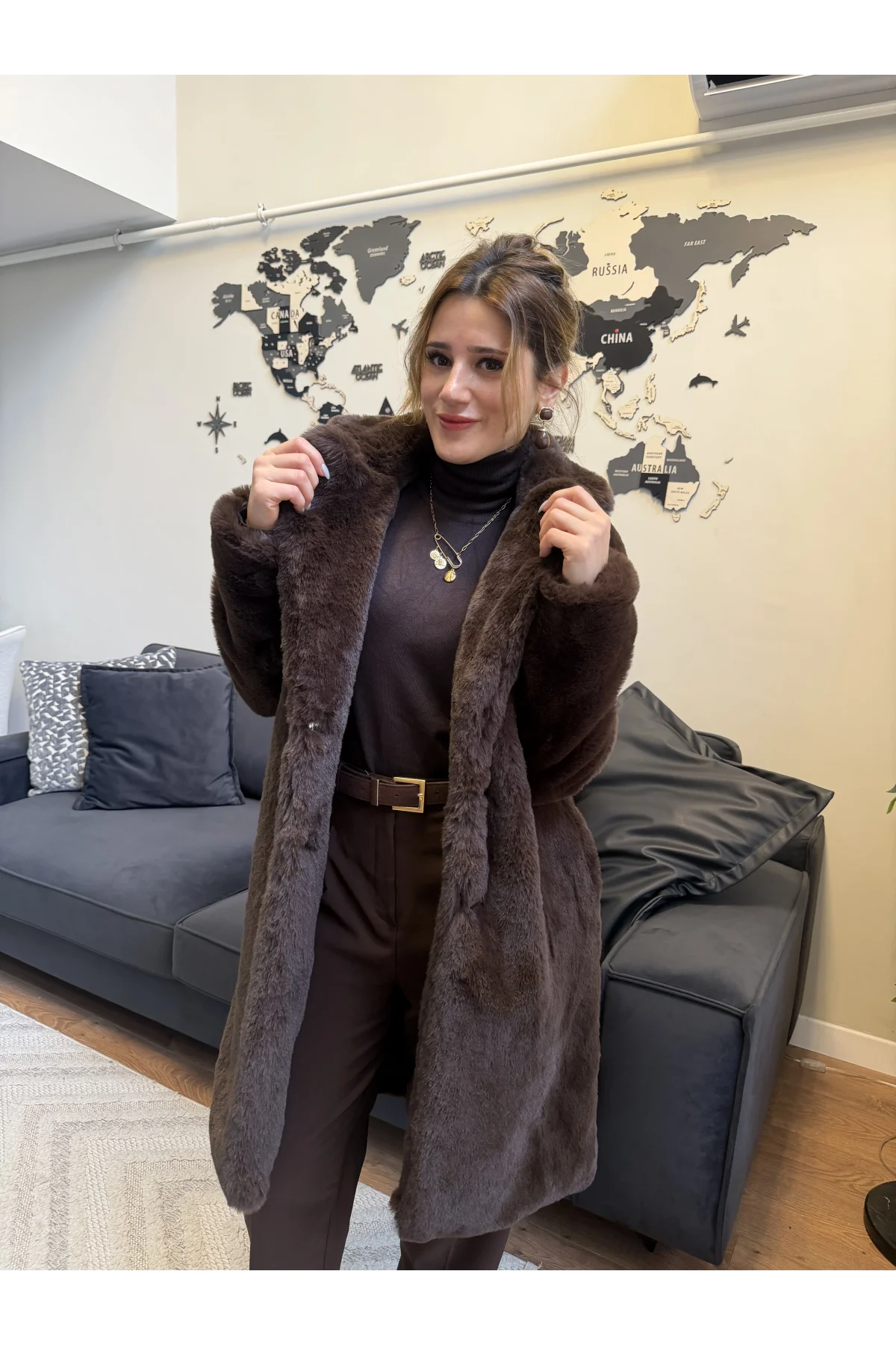 Çıtçıtlı Kürk Kaban Kahverengi