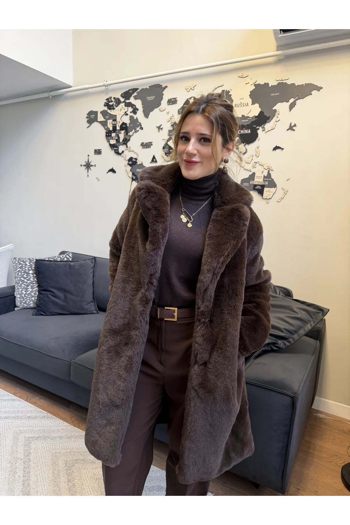 Çıtçıtlı Kürk Kaban Kahverengi